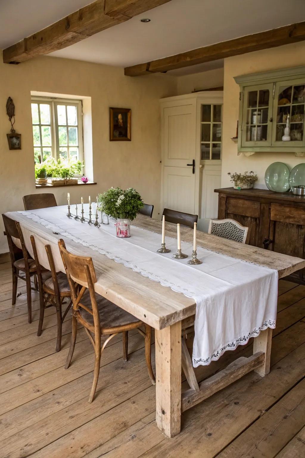 Reclaimed wood dining table adding warmth and charm to the dining room