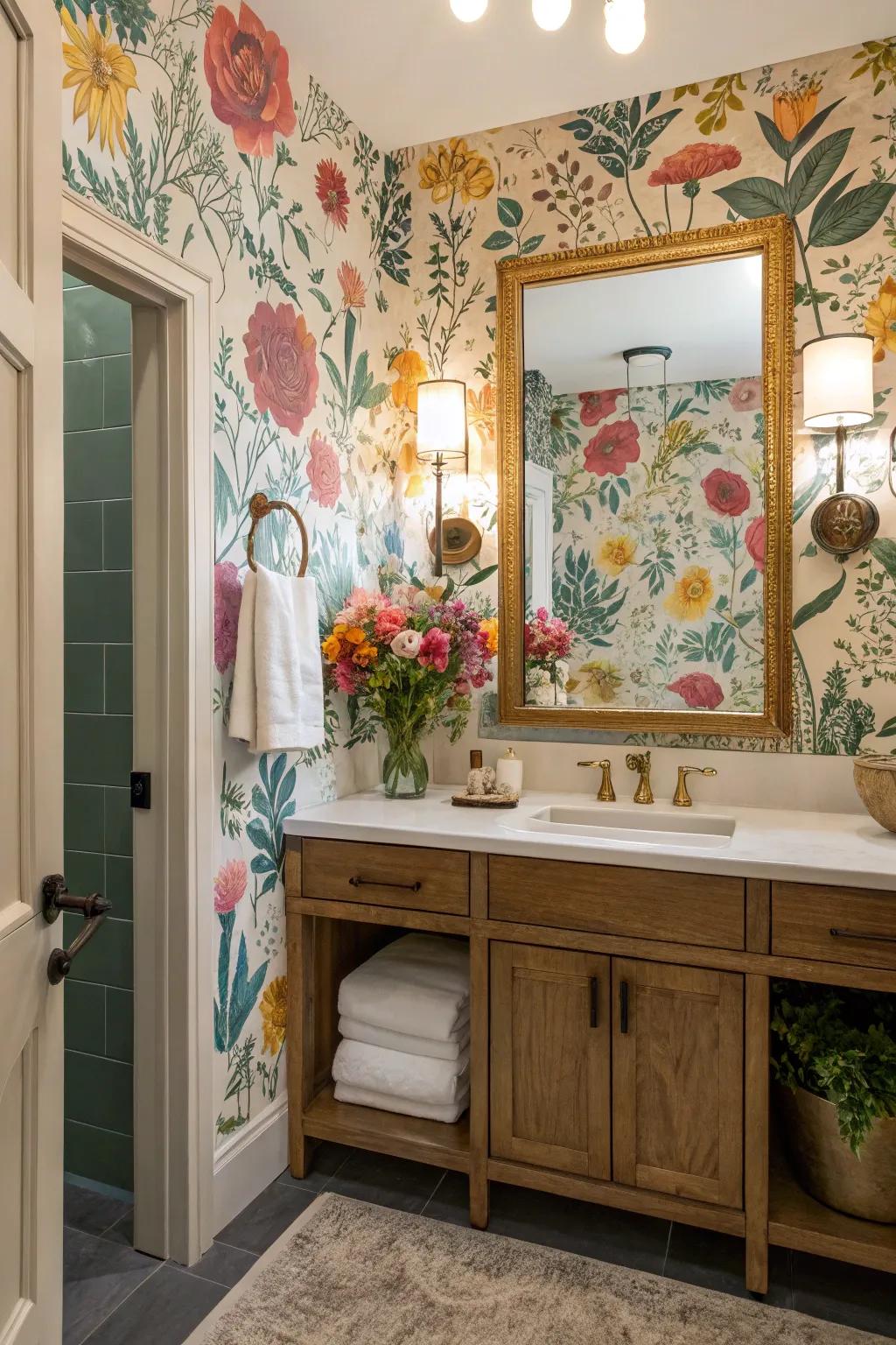 Floral wallpaper adds a touch of nature and elegance to any bathroom.