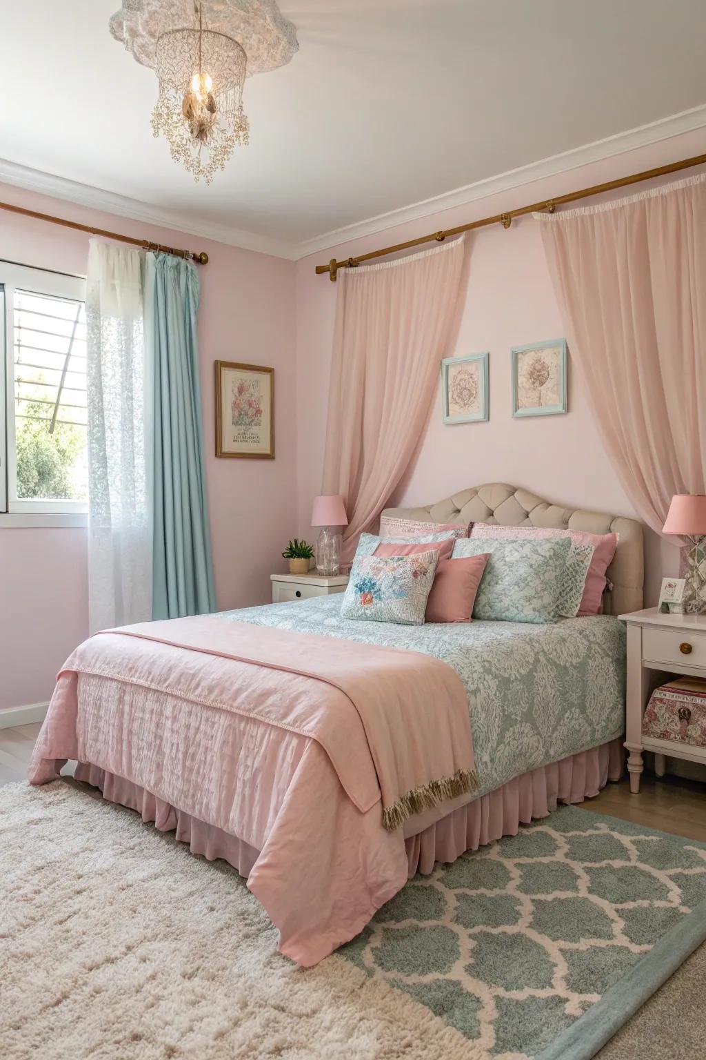 A serene and harmonious pastel-colored bedroom for sisters.