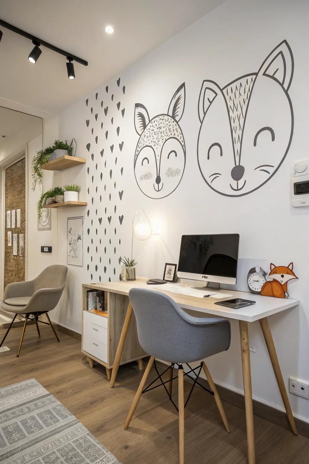 Minimalist animal faces adding charm to a home office.