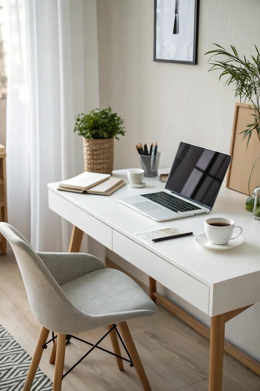 A minimalist home office featuring a sleek white desk and minimal decor.