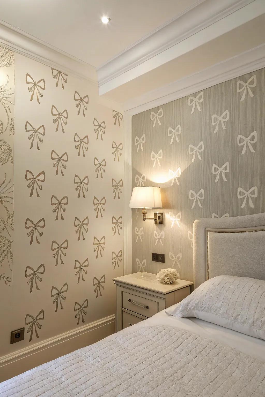 A bedroom wall adorned with a minimalist bow pattern wallpaper, creating a serene ambiance.