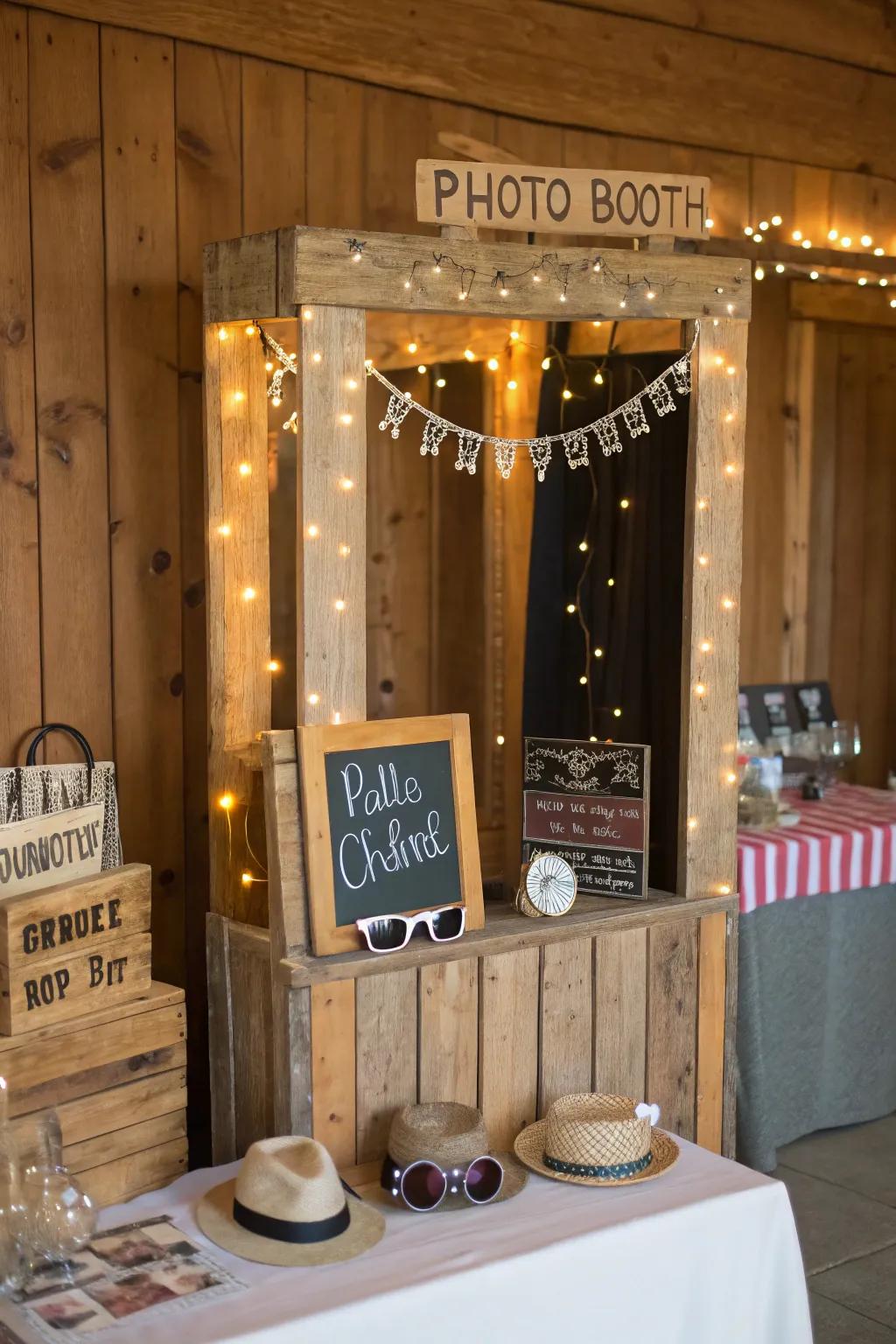 A cozy and charming photo booth setup with rustic elements.