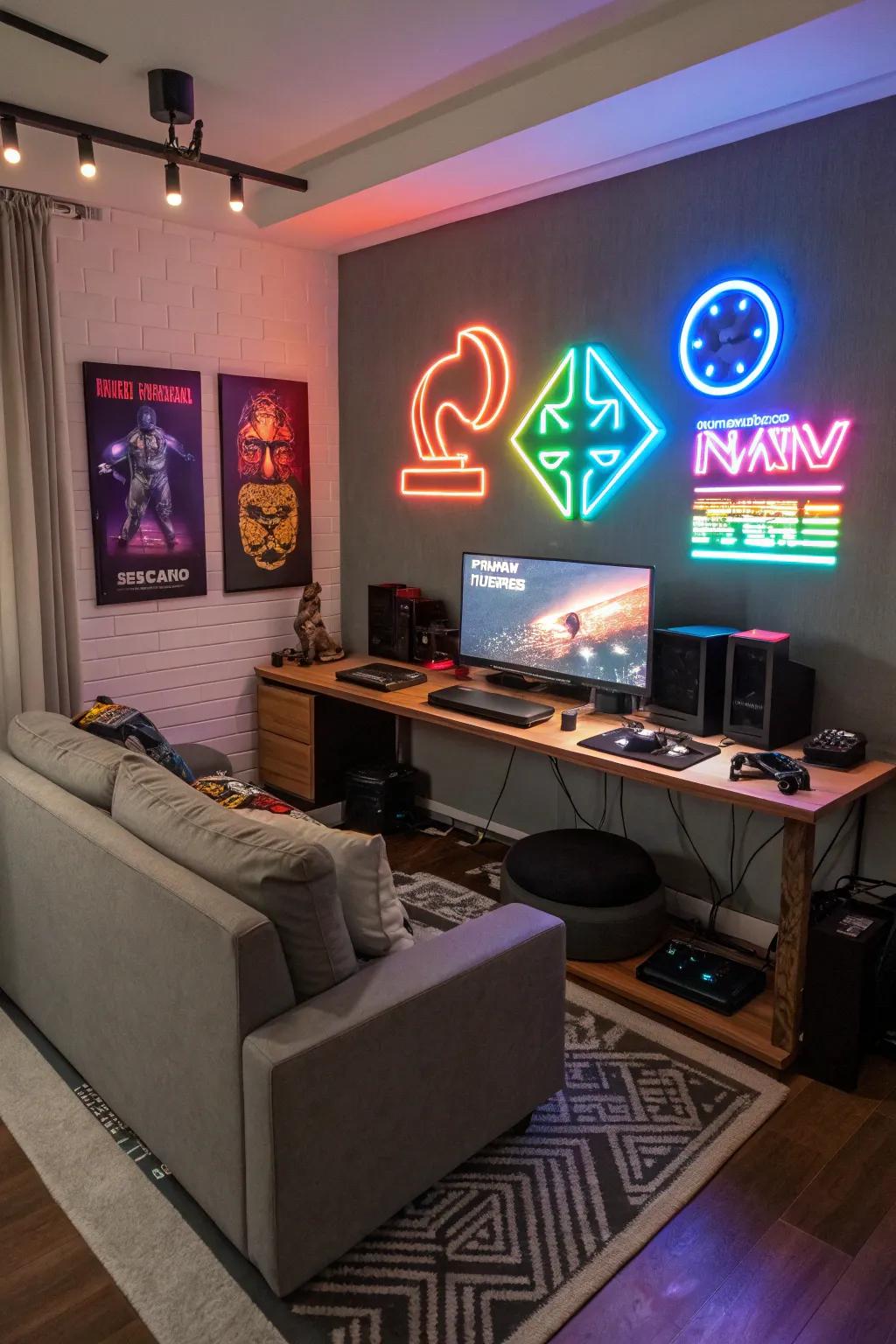 Enhance your gaming room's ambiance with strategically placed LED strips and neon signs.