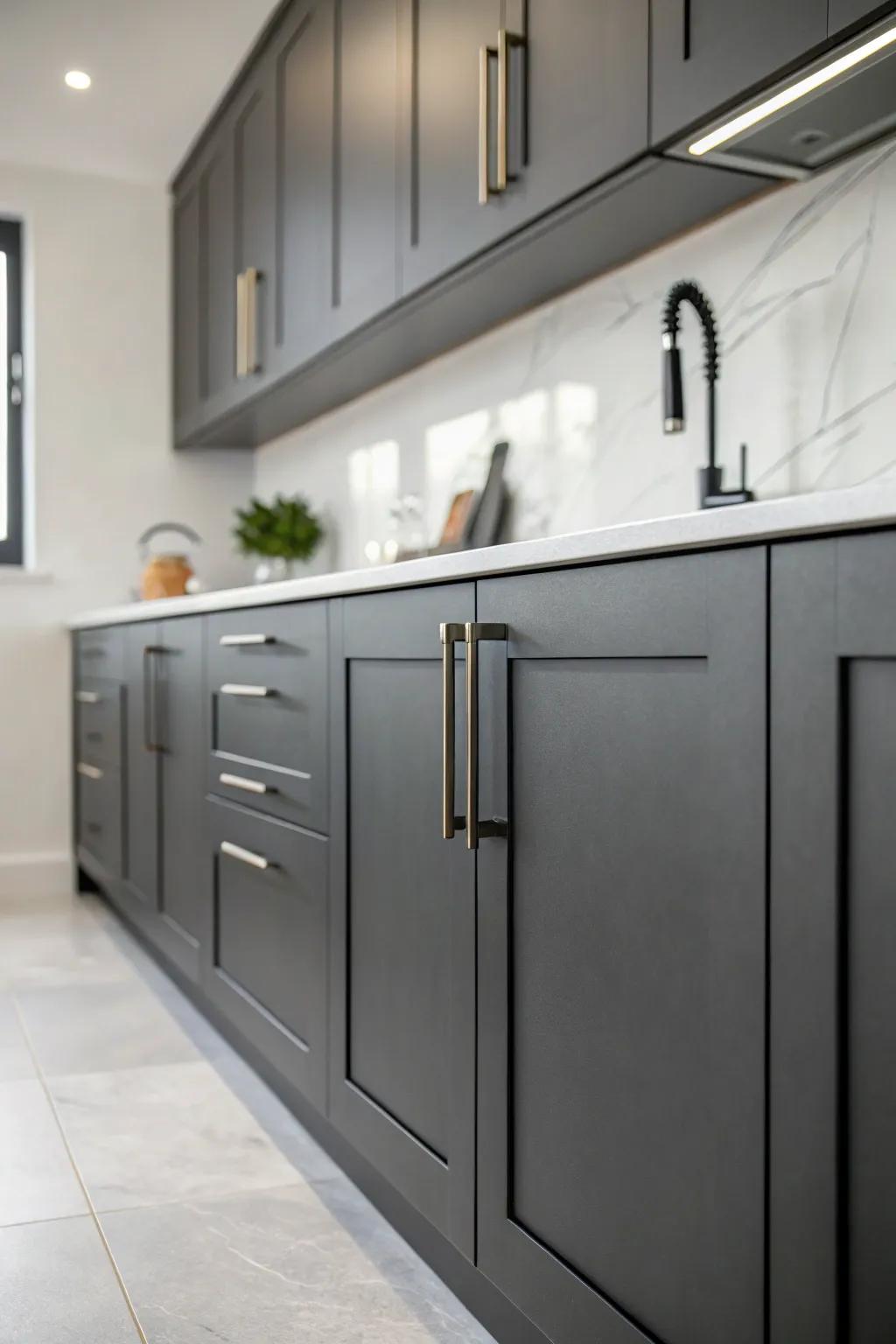 Minimalistic kitchen with dark gray cabinets creating a clean and calm environment.