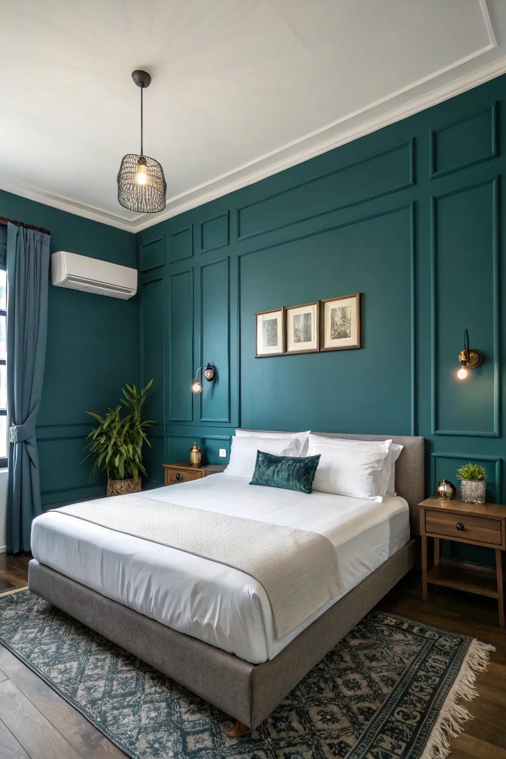 A dark teal accent wall creates a stunning focal point.