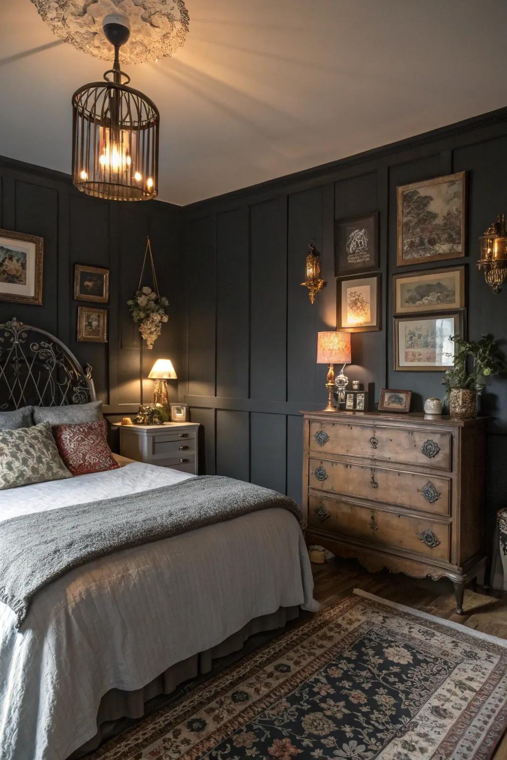 Deep charcoal walls provide a dramatic yet soothing backdrop for a vintage-inspired bedroom.