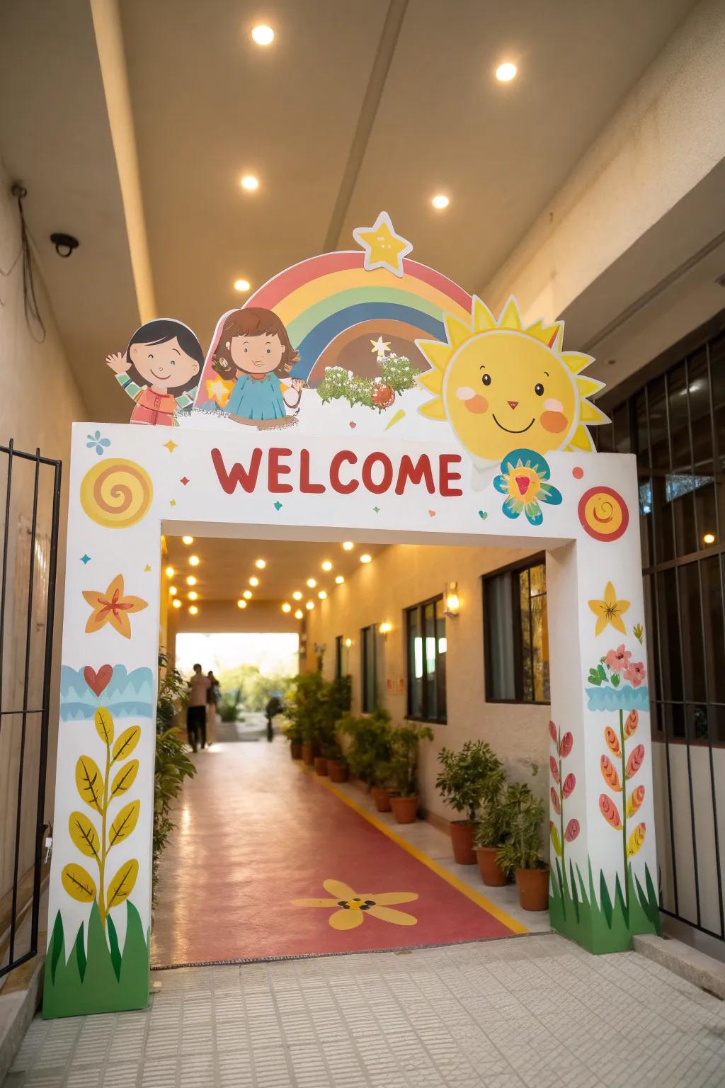 A vibrant welcome sign greets families at the entrance, promising a nurturing environment inside.