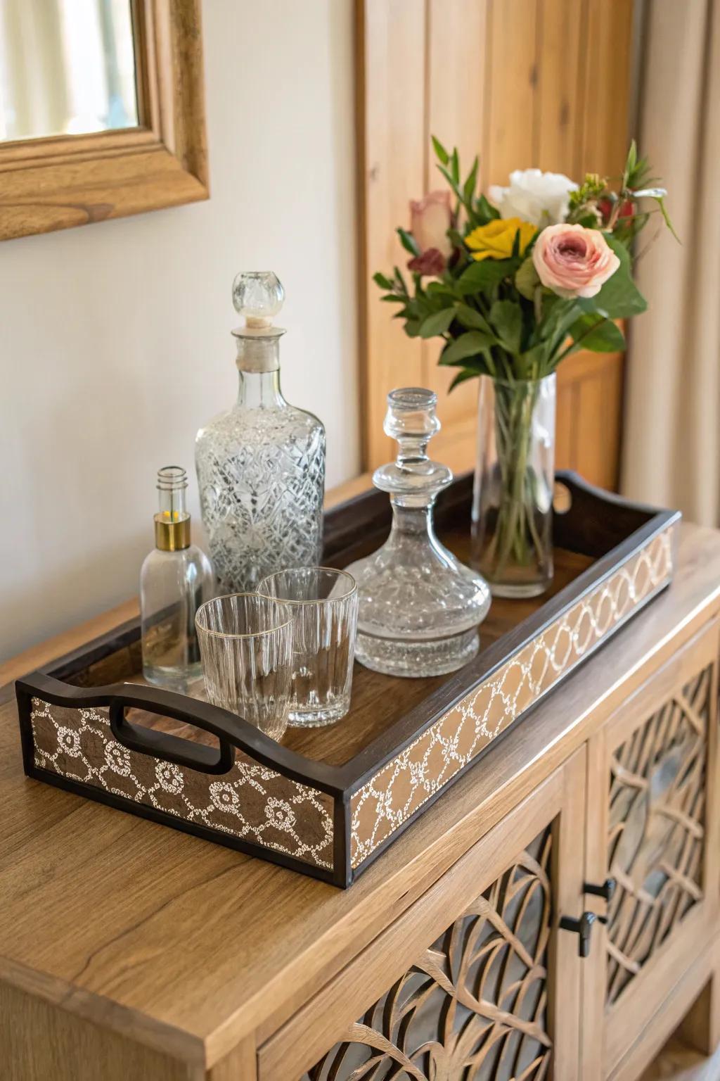An elegant tray display with decanters and fresh flowers.