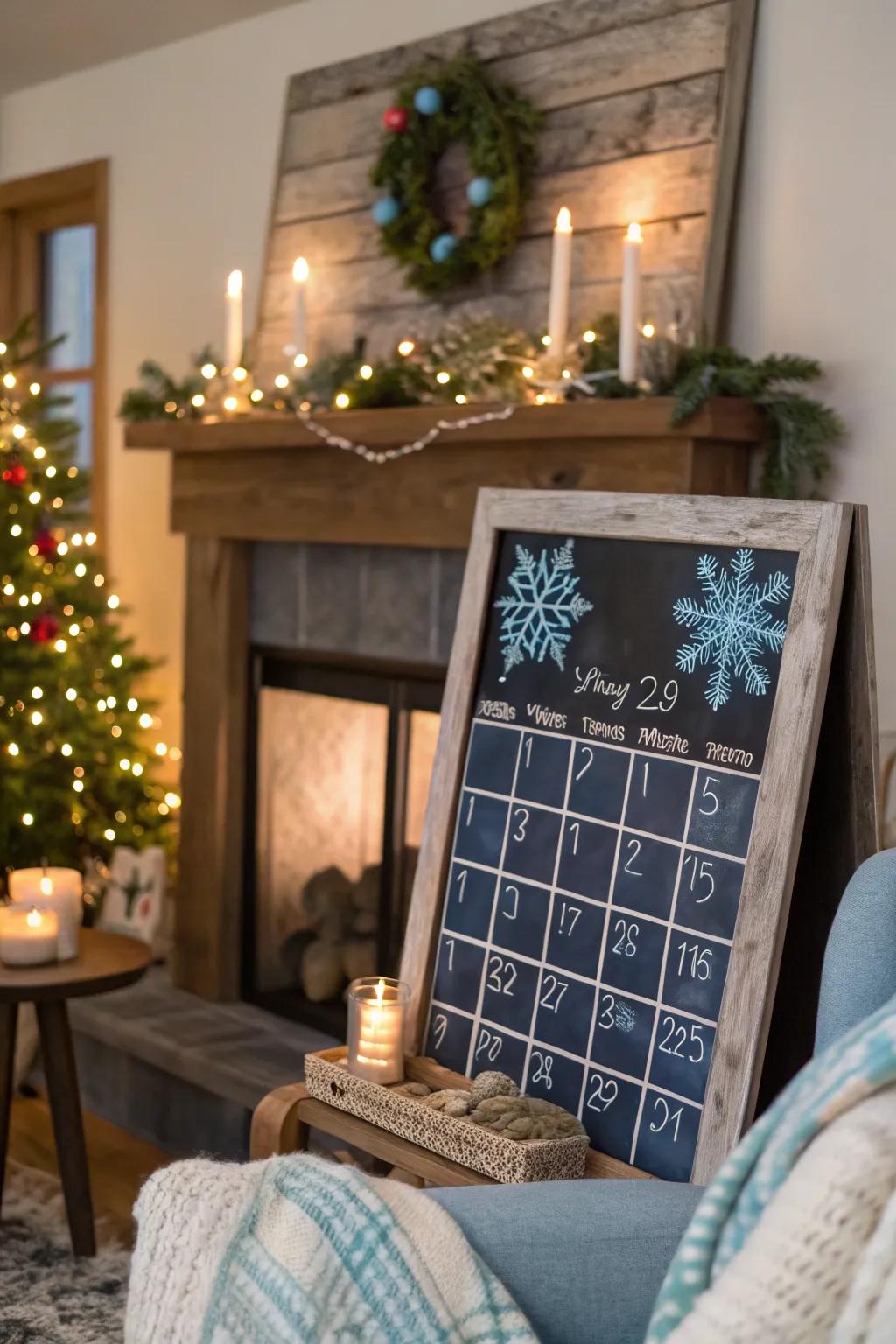 A tranquil winter wonderland themed chalkboard calendar.