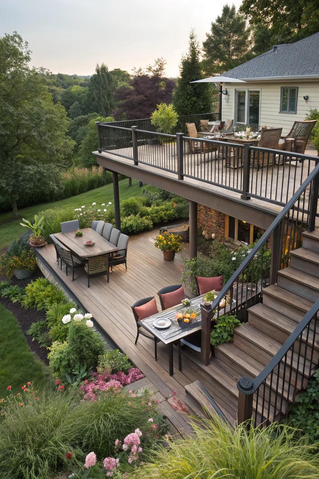 A multi-level deck that creates distinct spaces for different activities.