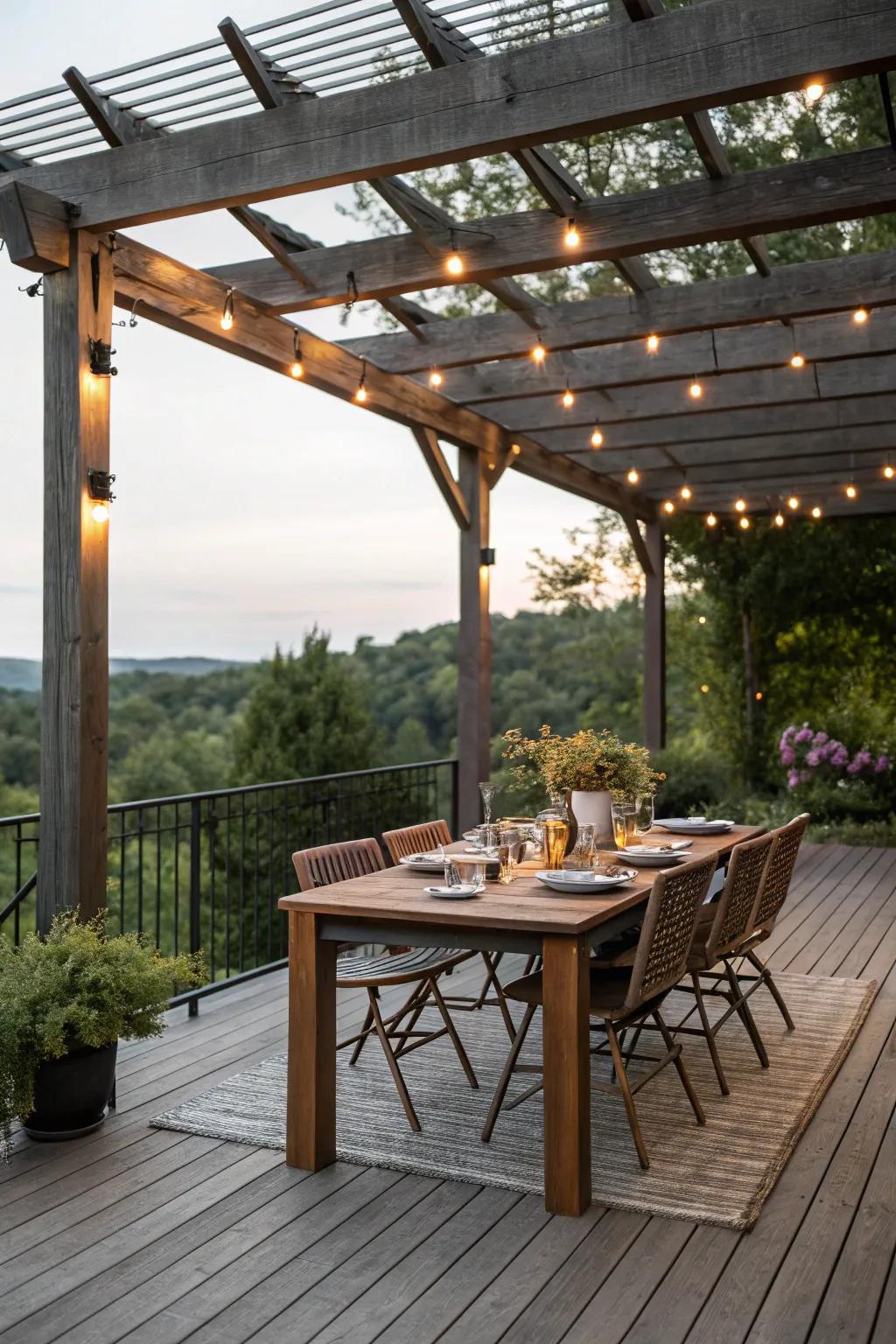 A cozy outdoor dining space under a pergola, perfect for gatherings.