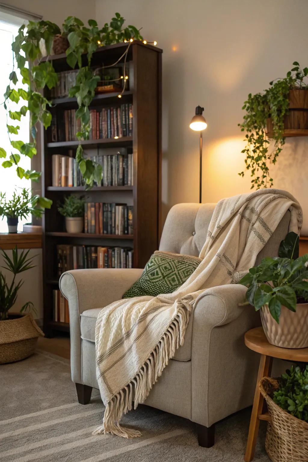 A cozy reading nook invites relaxation and comfort.