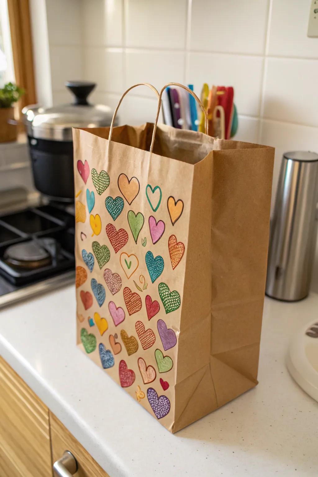 Heart-stamped paper bag ready to spread some love.