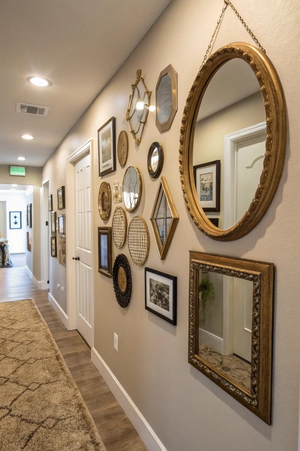 An eclectic mirror gallery wall breathes life into a plain hallway.