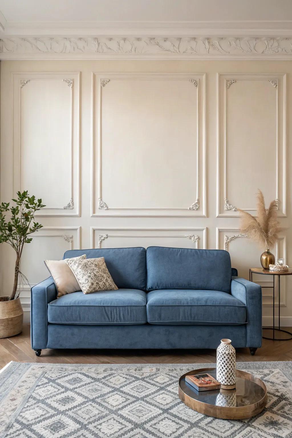 A denim blue sofa stands out as the centerpiece in a minimalistic setting.