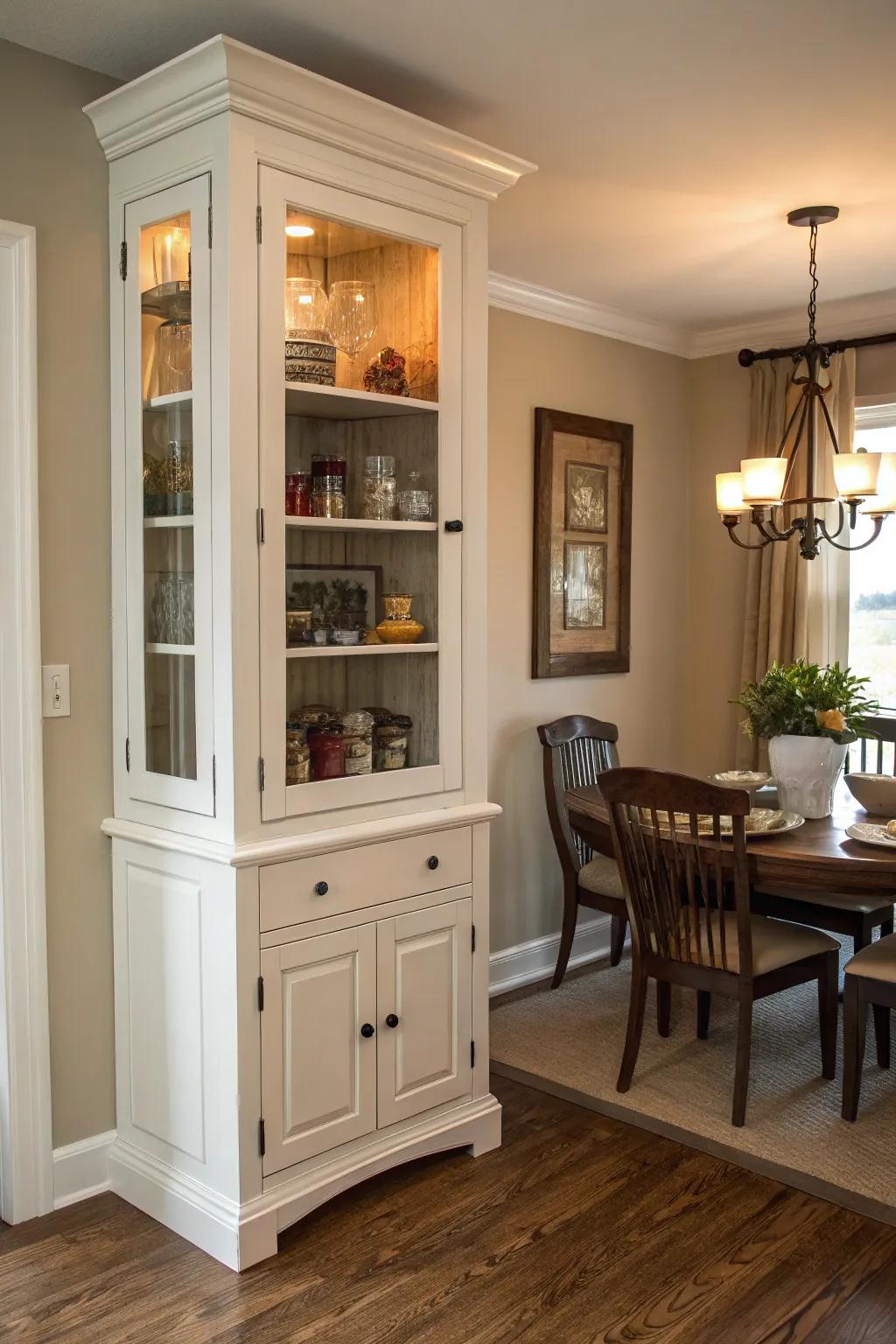 Use vertical space efficiently with a tall corner cabinet.