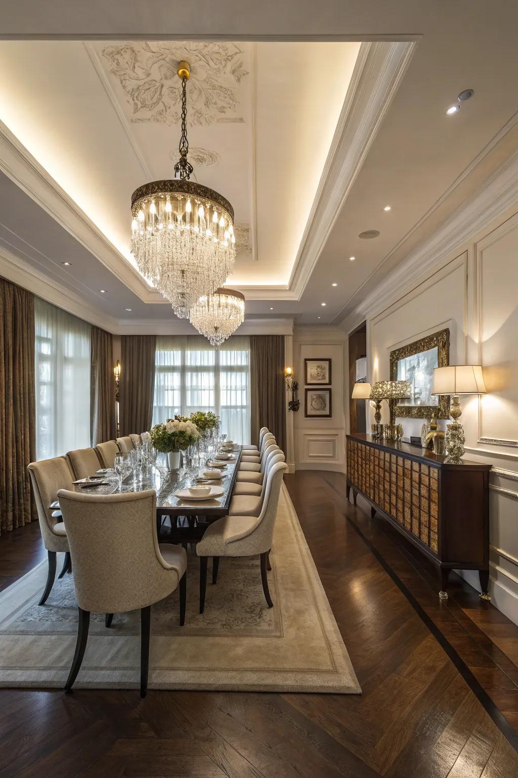 A classic chandelier adds sophistication and style to a dining room.