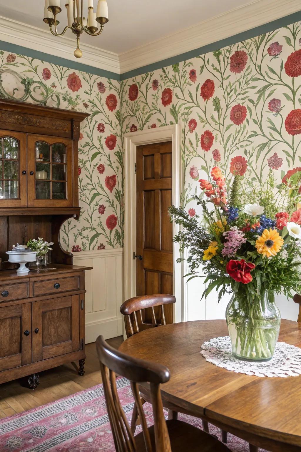 Floral wallpaper paired with vintage furniture creates a timeless dining experience.