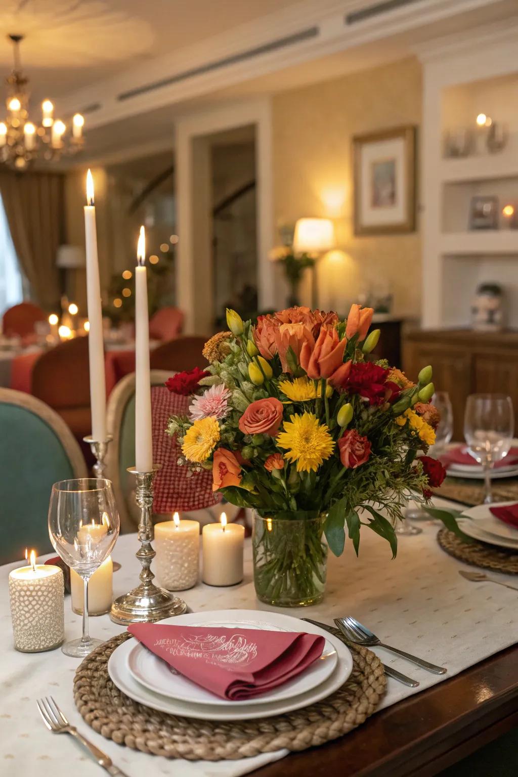 A dining table with a centerpiece of fresh flowers and candles.