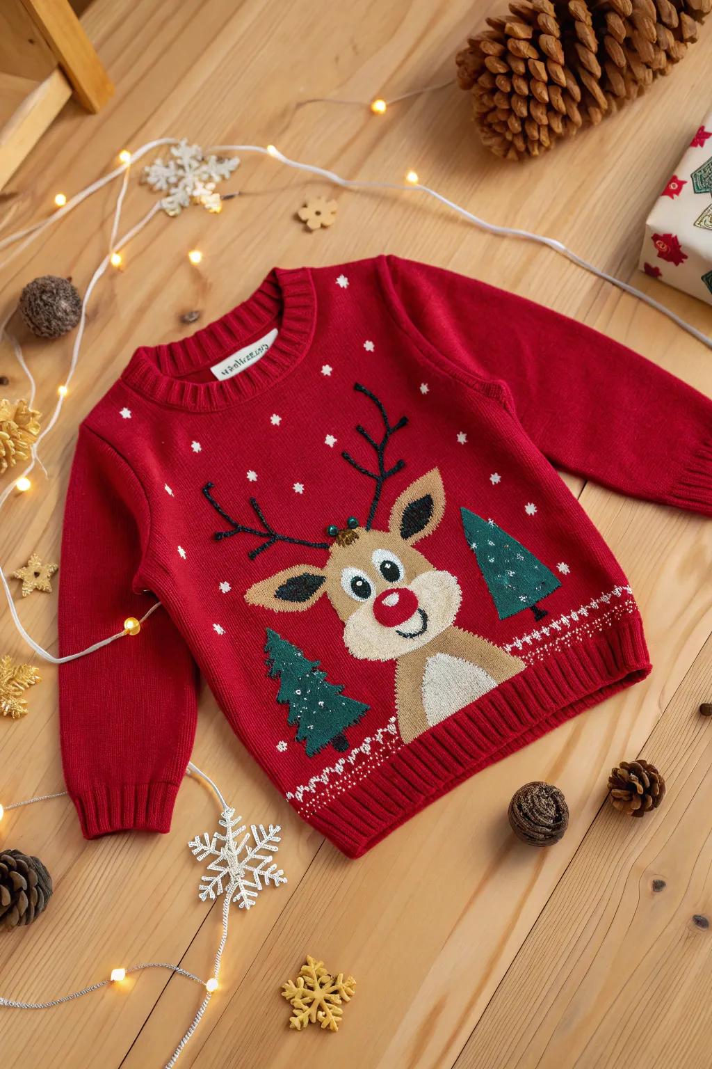 A cheeky reindeer sweater ready for festive fun.