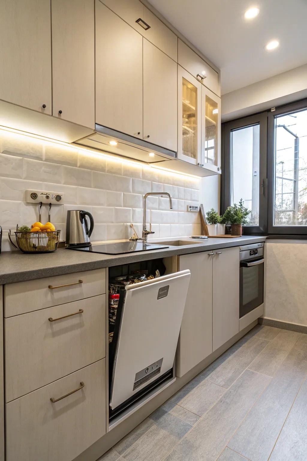 Dishwasher seamlessly integrated under the counter in a small kitchen.