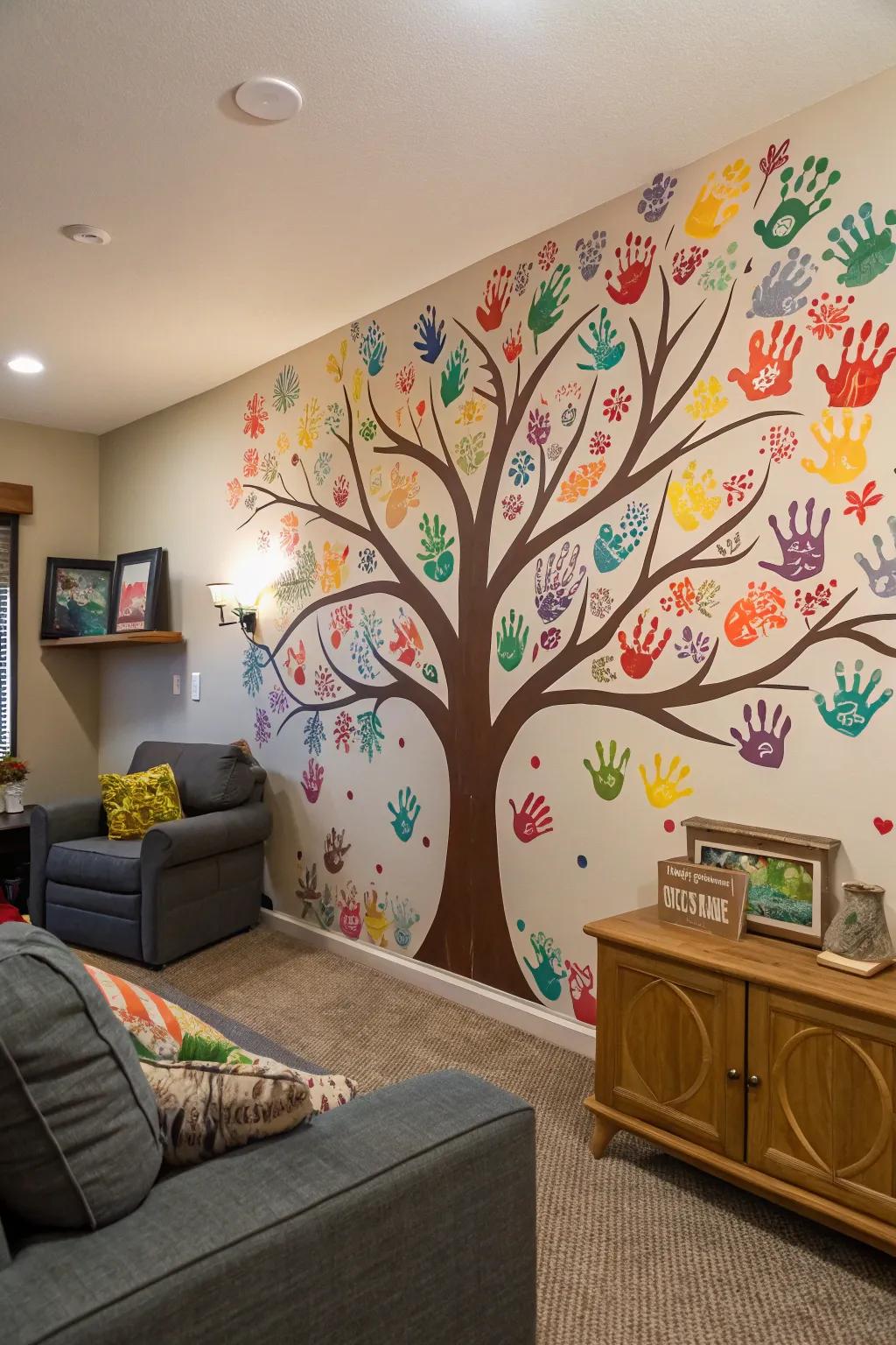 A handprint tree mural representing unity and growth.