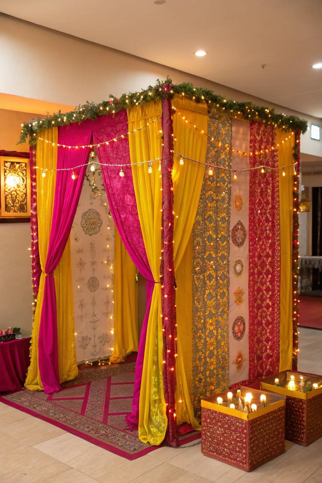 Bright draperies in fuchsia and gold creating a festive photo booth backdrop.