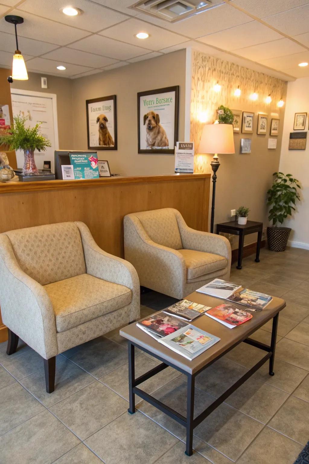 A welcoming reception area with cozy seating and pet magazines.