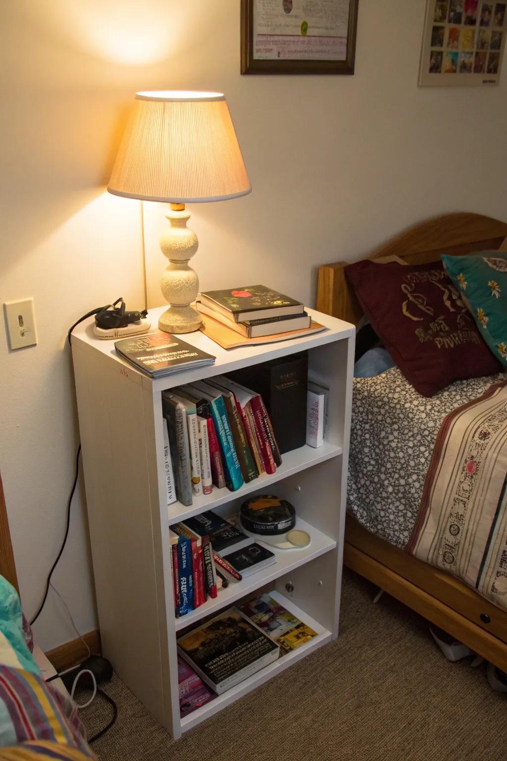 A compact shelving unit adds both style and storage to a dorm room.