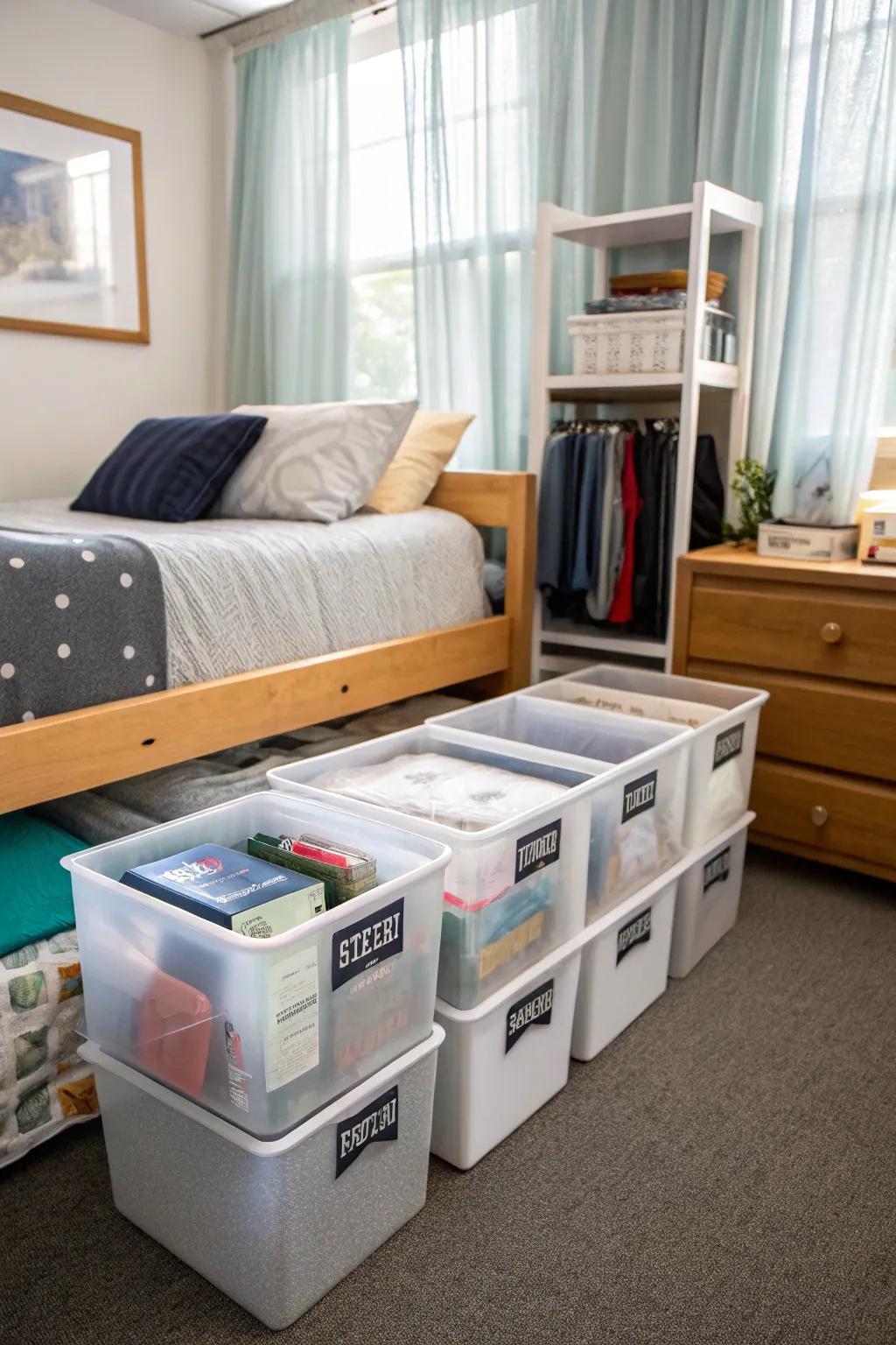 Make the most of your dorm space with efficient under-bed storage solutions.