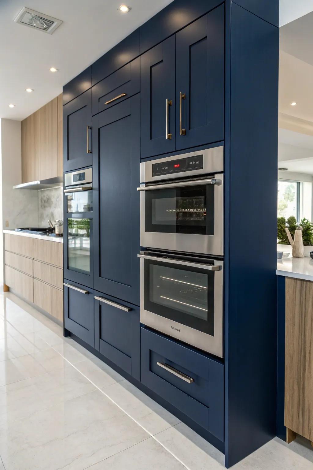 A vertical double oven cabinet with a chic navy blue finish that adds depth and sophistication.