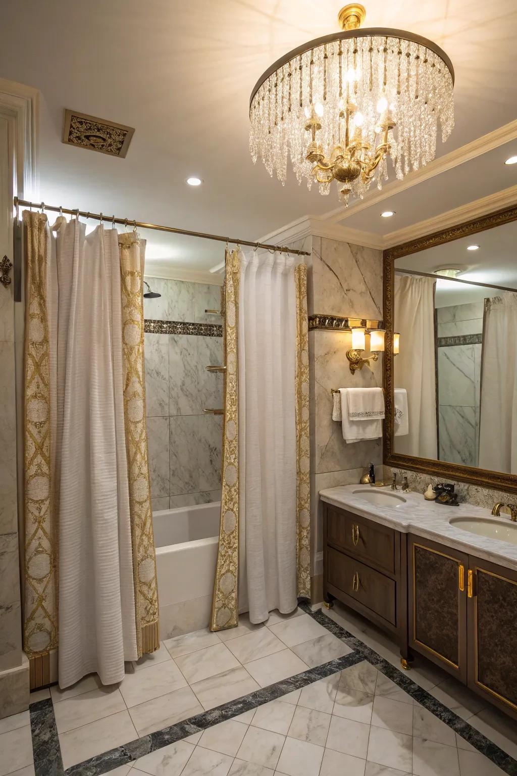 Double shower curtains paired with luxurious elements create a spa-like atmosphere.