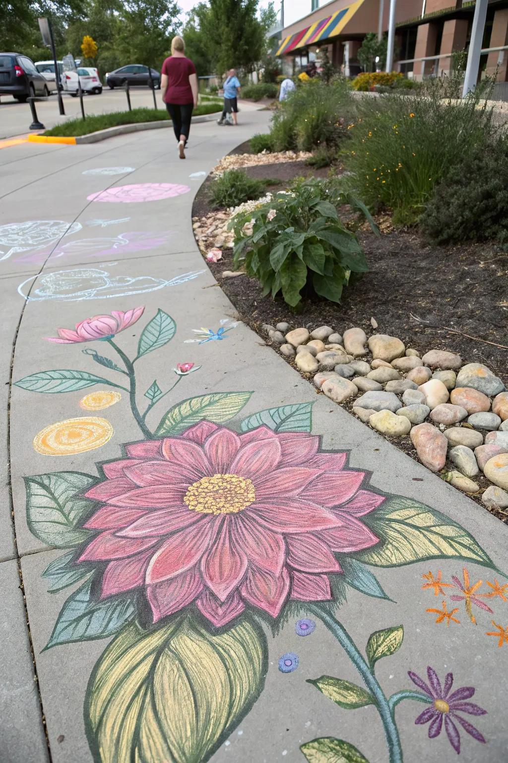 A large, intricate chalk flower design adds beauty to a garden path.