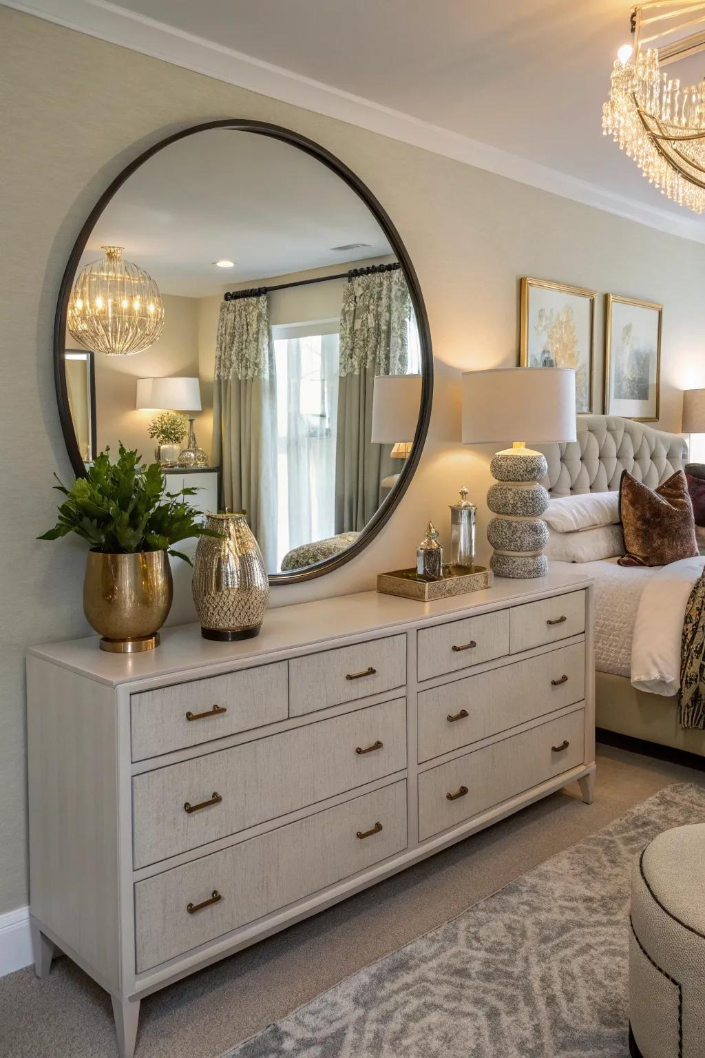 A dresser enhanced by a round mirror adds depth and light.