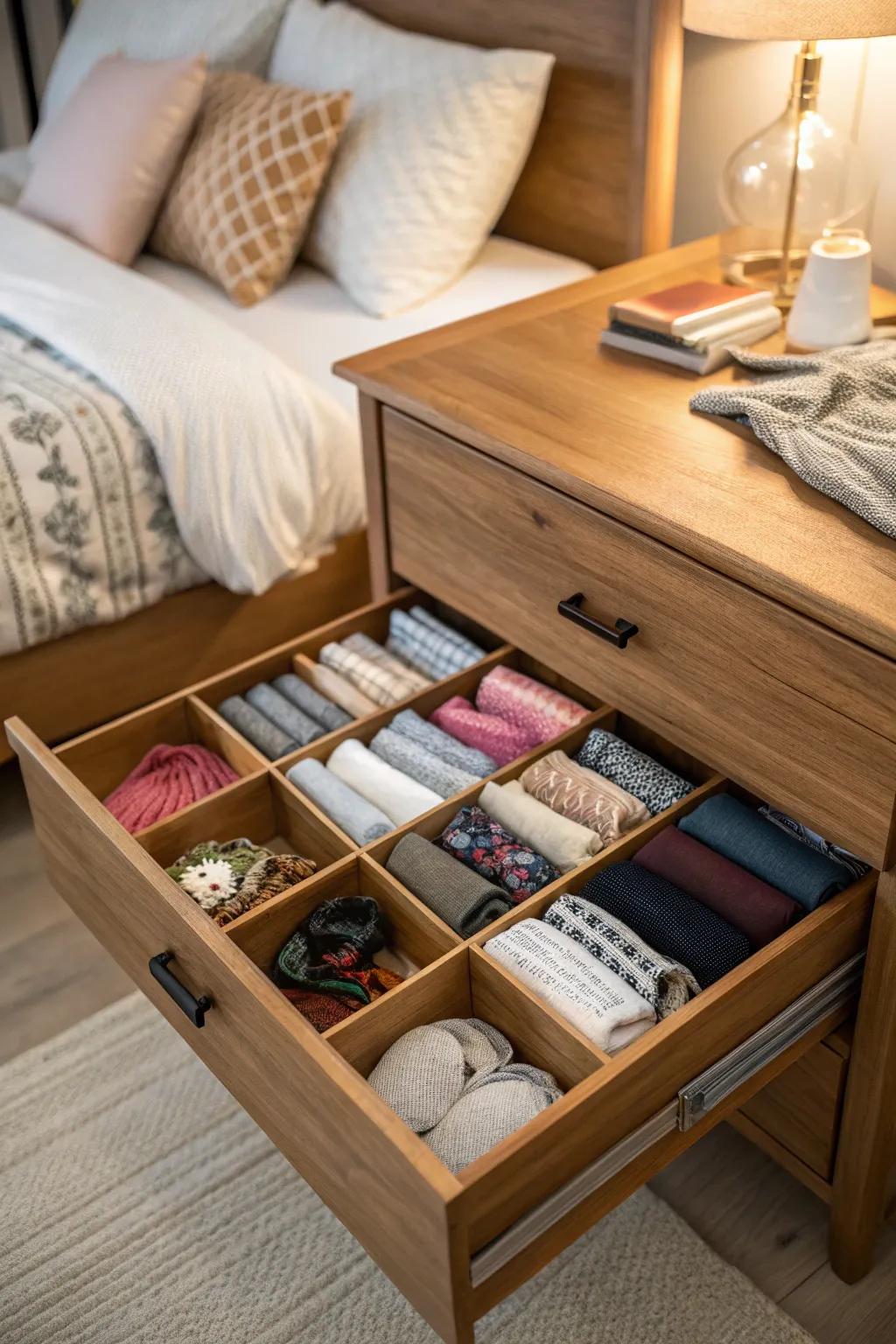 Drawer dividers keeping socks and accessories organized.