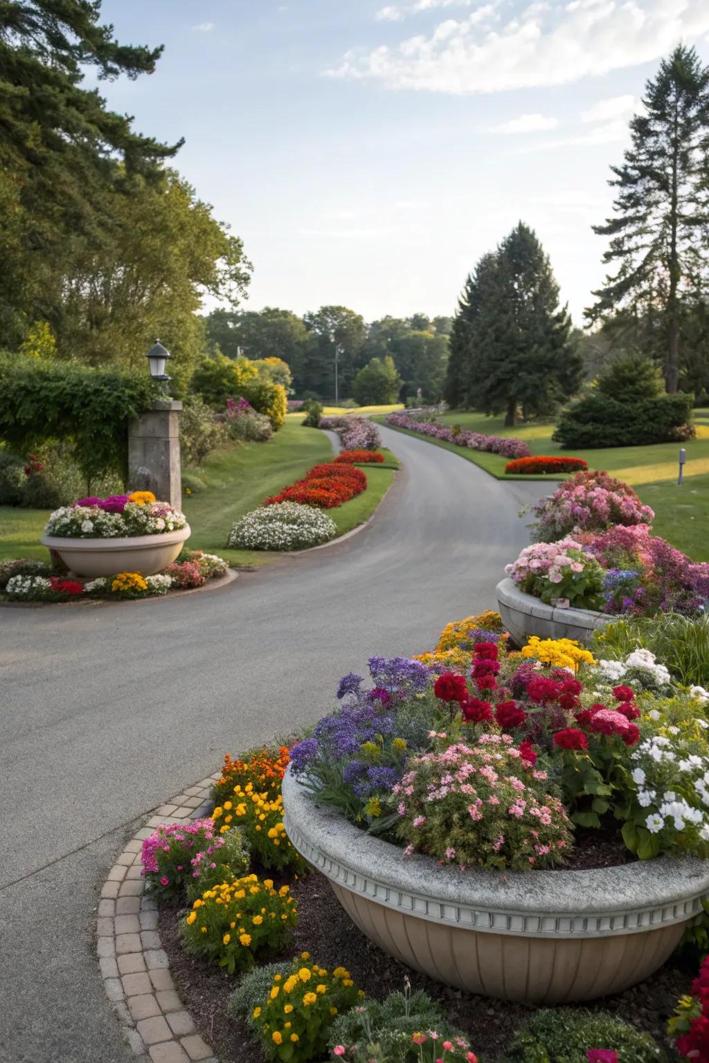 Circular flower beds add a pop of color and charm to your driveway entrance.