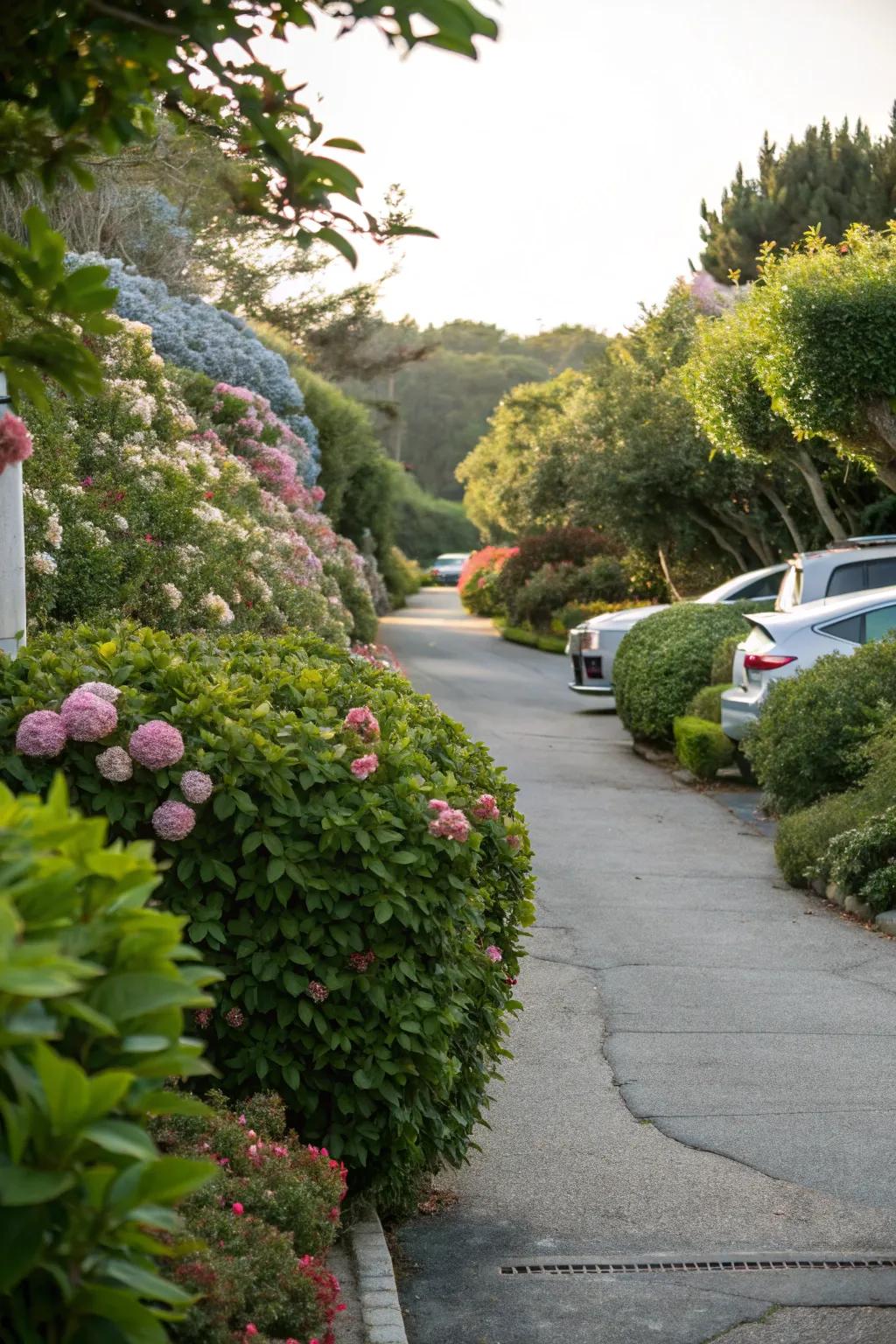 Driveway with lush green borders enhancing its elegance.