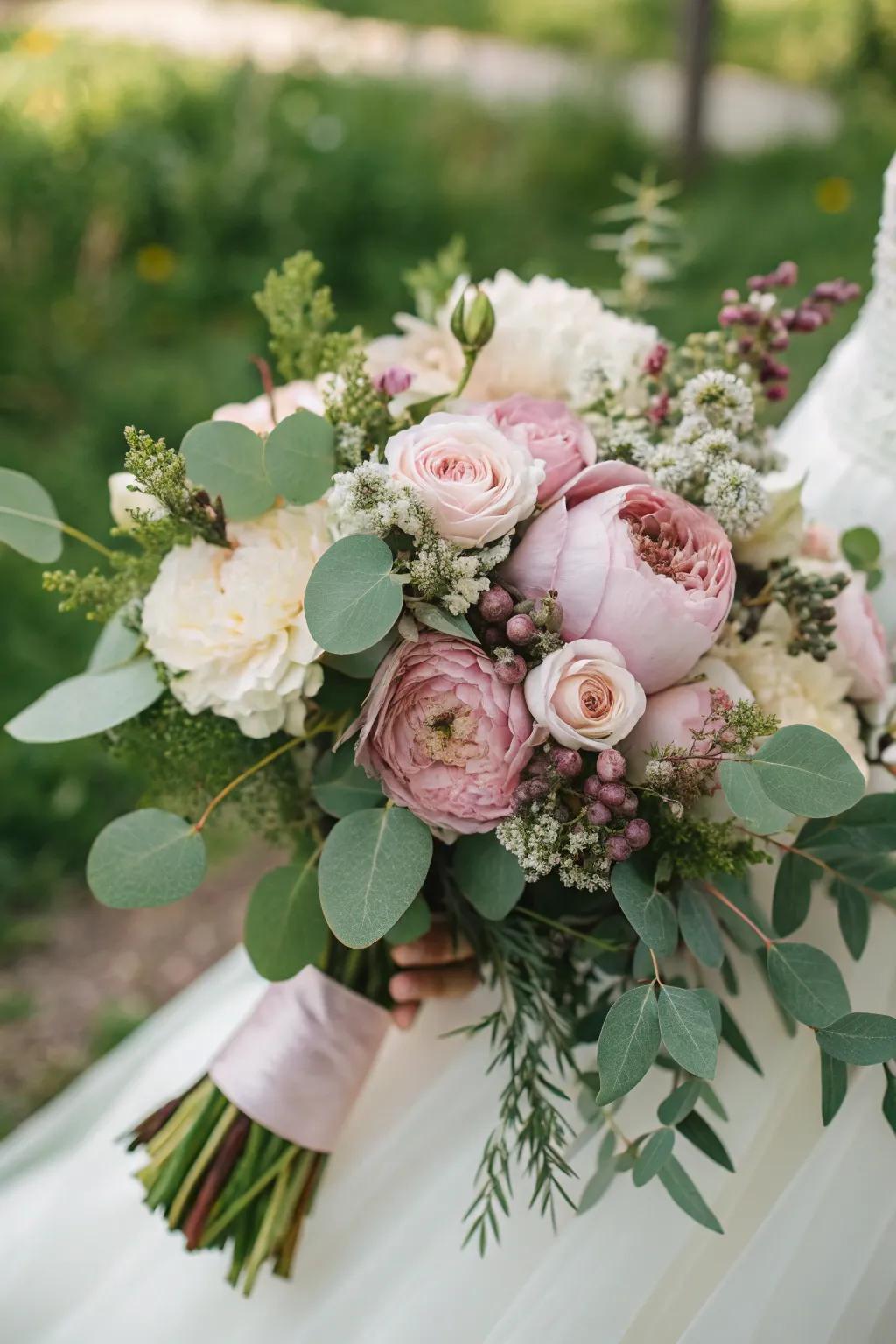 A stunning dusty rose bouquet with lush greenery.
