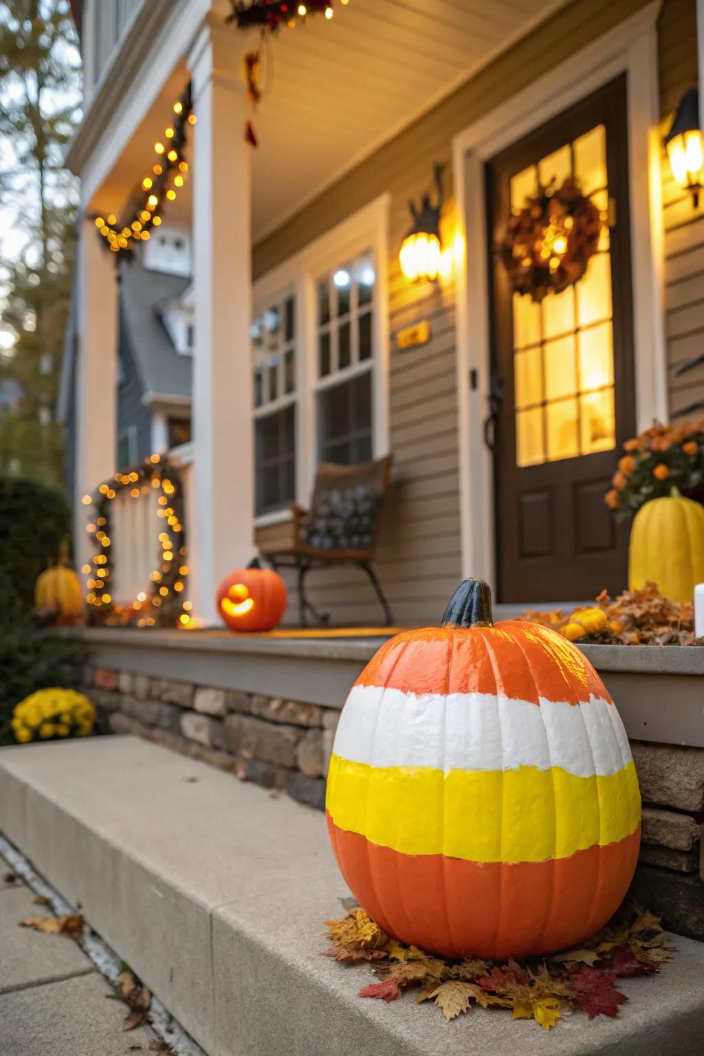 A pumpkin painted in candy corn colors adds a sweet touch to Halloween decor.