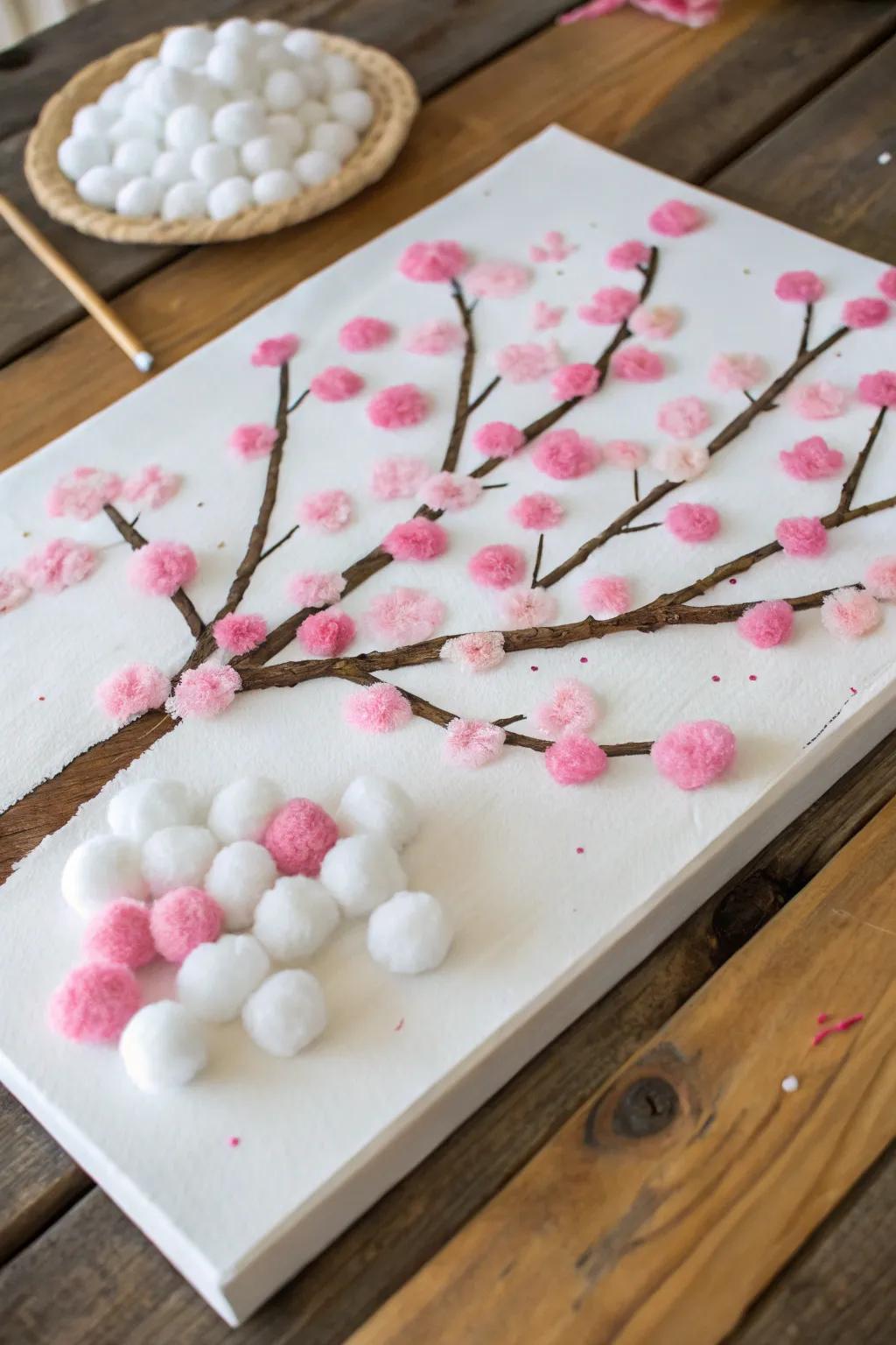 Cherry blossom art using cotton balls for a soft touch.