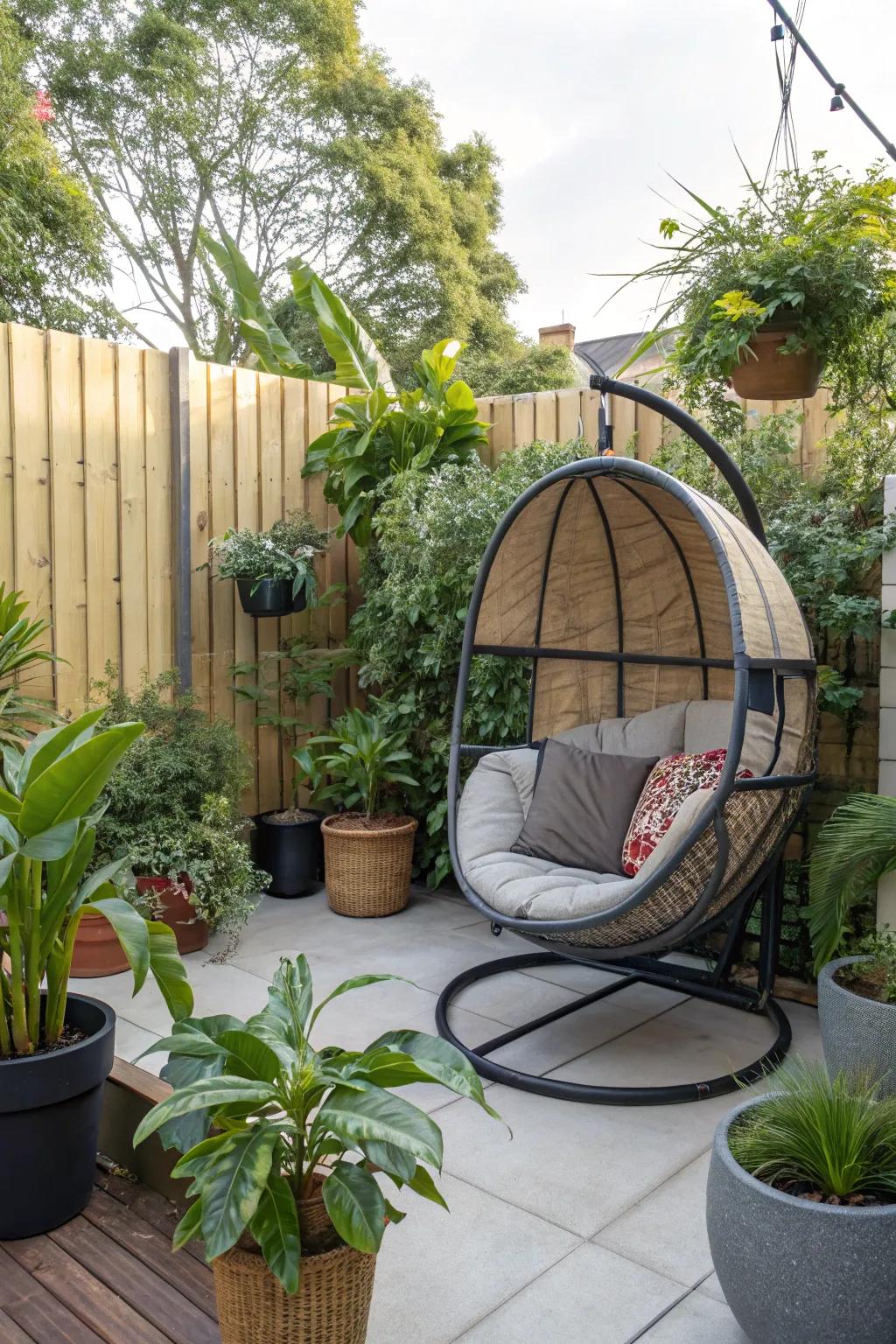 Create a tropical vibe with an egg chair surrounded by greenery.