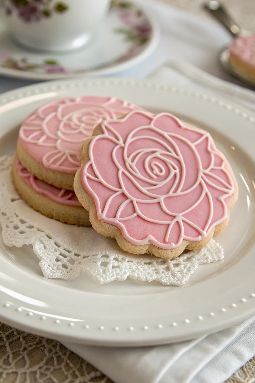 Classic rose cookies with intricate pink icing details.