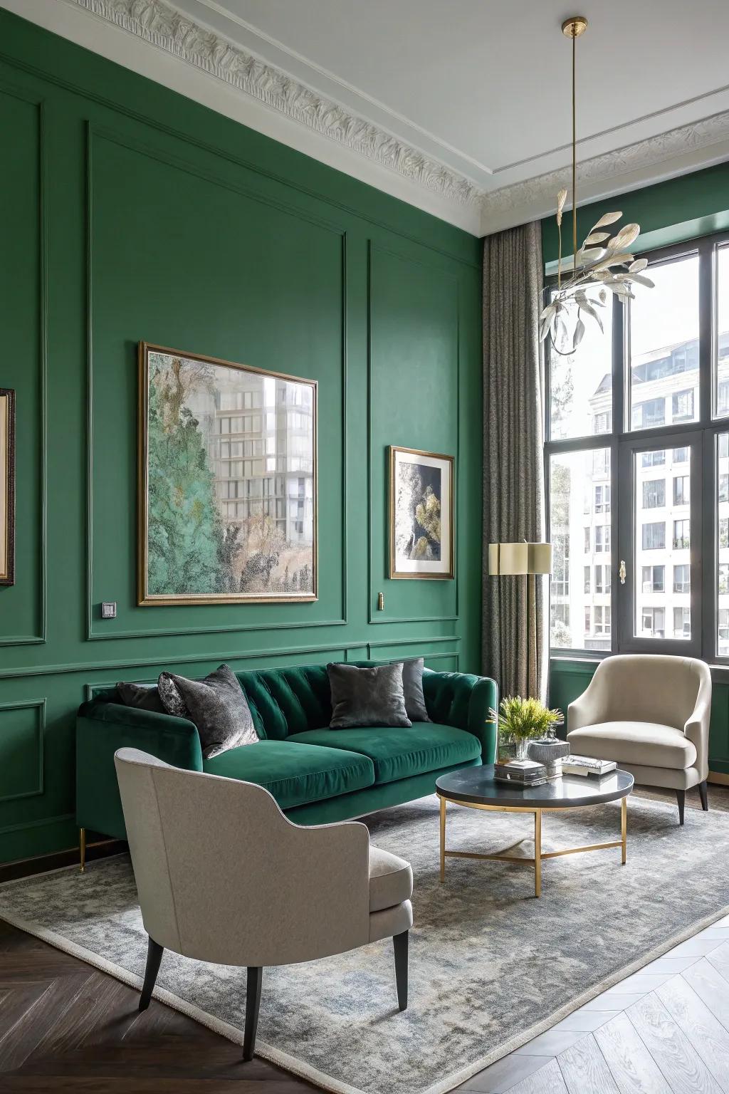 Bold emerald green accent wall in a modern living room.