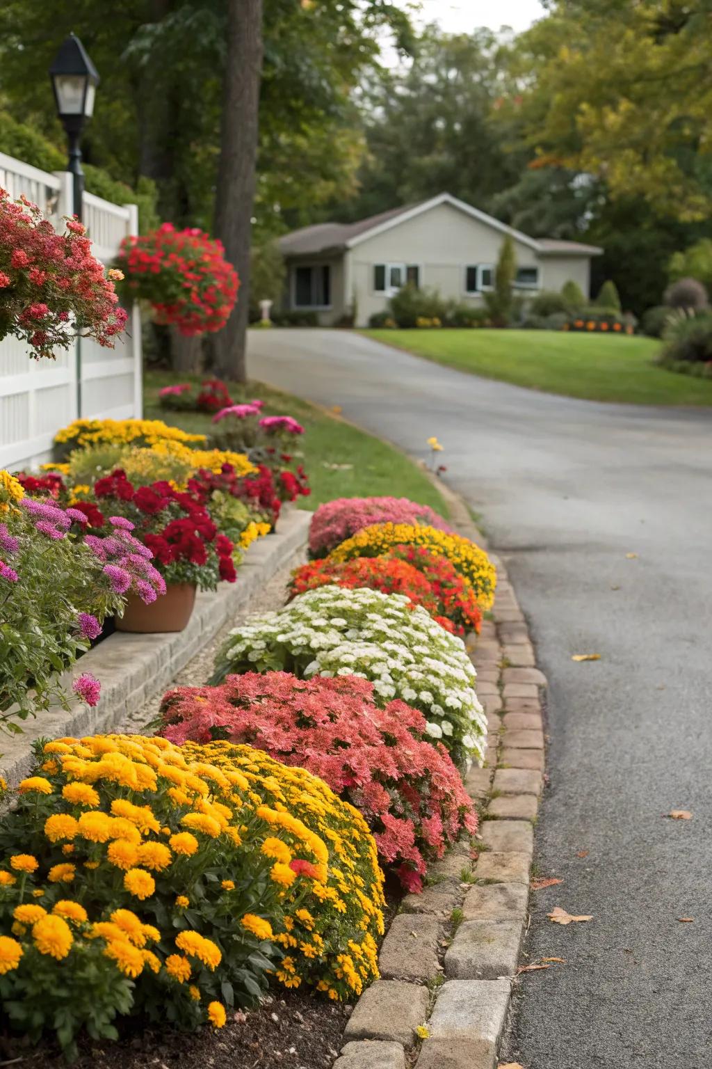 Vibrant flower beds add a lively touch to the end of your driveway.