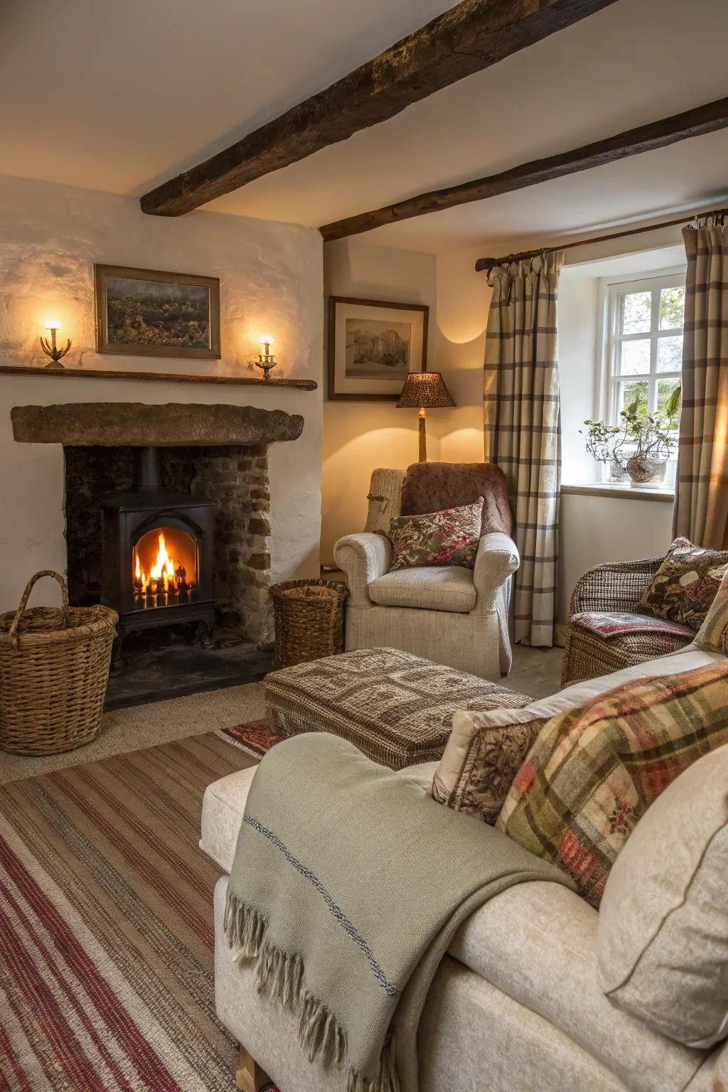 Layered textiles and a warm fireplace create a cozy cottage vibe.