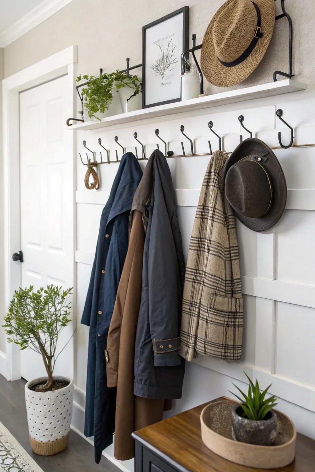 Stylish wall hooks and coat racks for a tidy entryway.