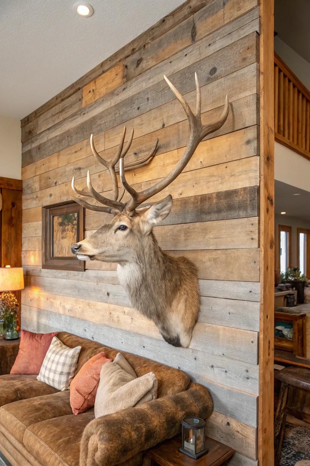 A mount on a natural wooden board adds warmth to any room.