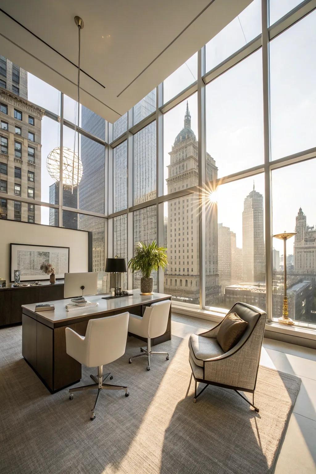 An executive office bathed in natural light, highlighting its minimalist decor.