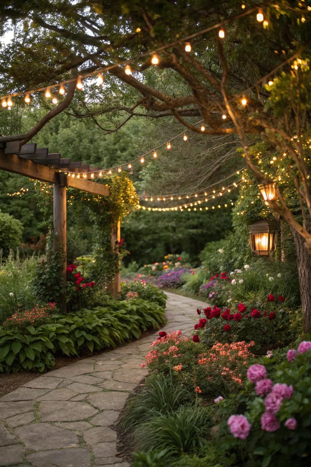 An outdoor garden transformed into a whimsical fairyland.